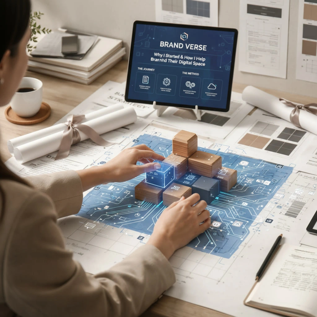 Digital marketing strategist building brand structure and digital positioning strategy on desk with blueprint and website dashboard