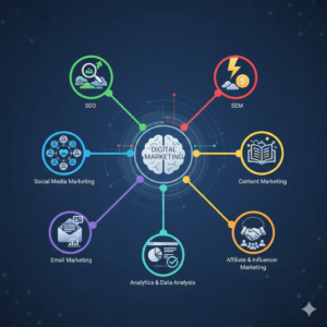 Infographic showing the seven core elements of digital marketing including SEO, SEM, social media marketing, content marketing, email marketing, affiliate marketing, and analytics connected to a central digital marketing hub.