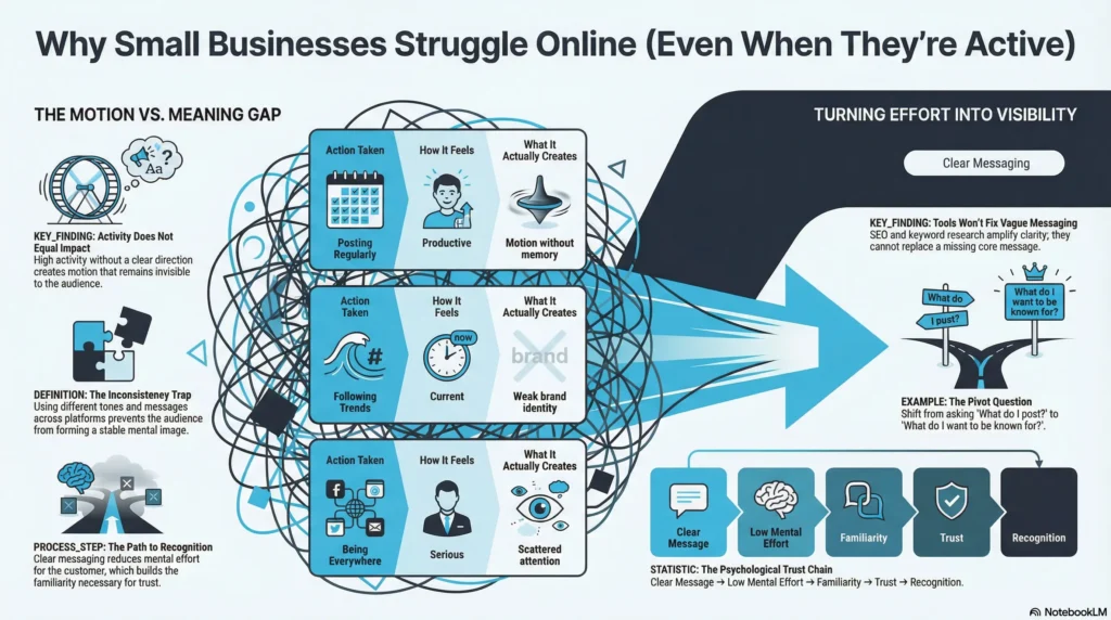 Why small businesses struggle online due to lack of brand clarity, showing motion vs meaning gap and importance of clear messaging.