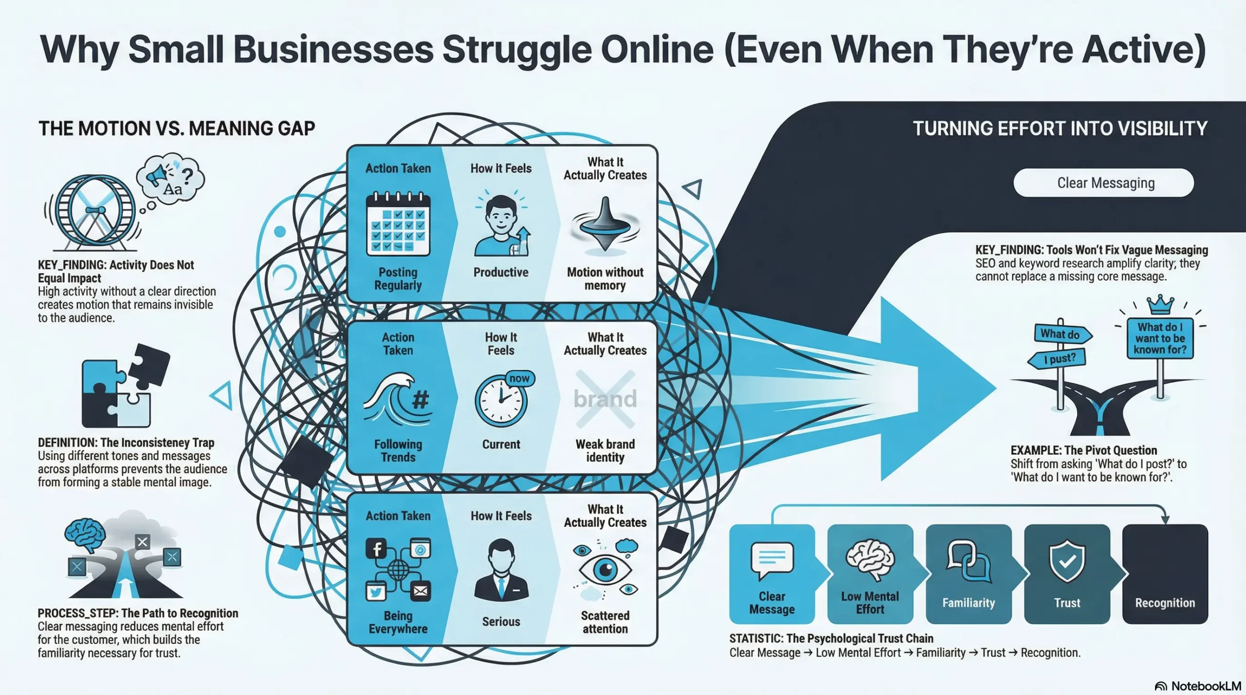 Why small businesses struggle online due to lack of brand clarity, showing motion vs meaning gap and importance of clear messaging.