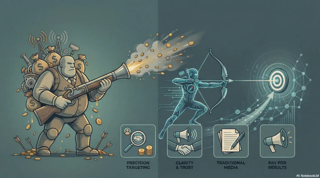 Illustration comparing traditional marketing and digital marketing, showing a businessman firing money randomly versus a digital archer targeting a precise audience.