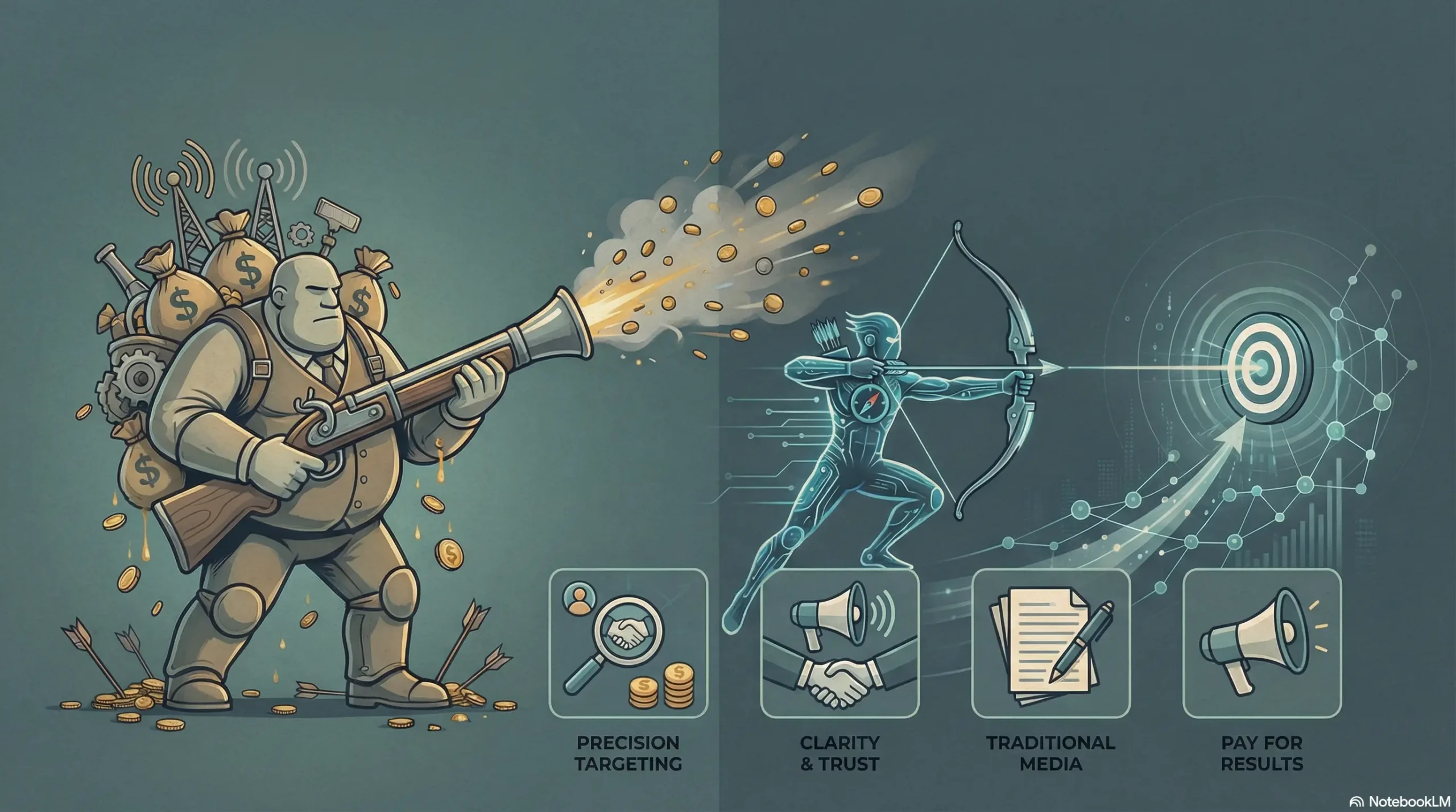 Illustration comparing traditional marketing and digital marketing, showing a businessman firing money randomly versus a digital archer targeting a precise audience.